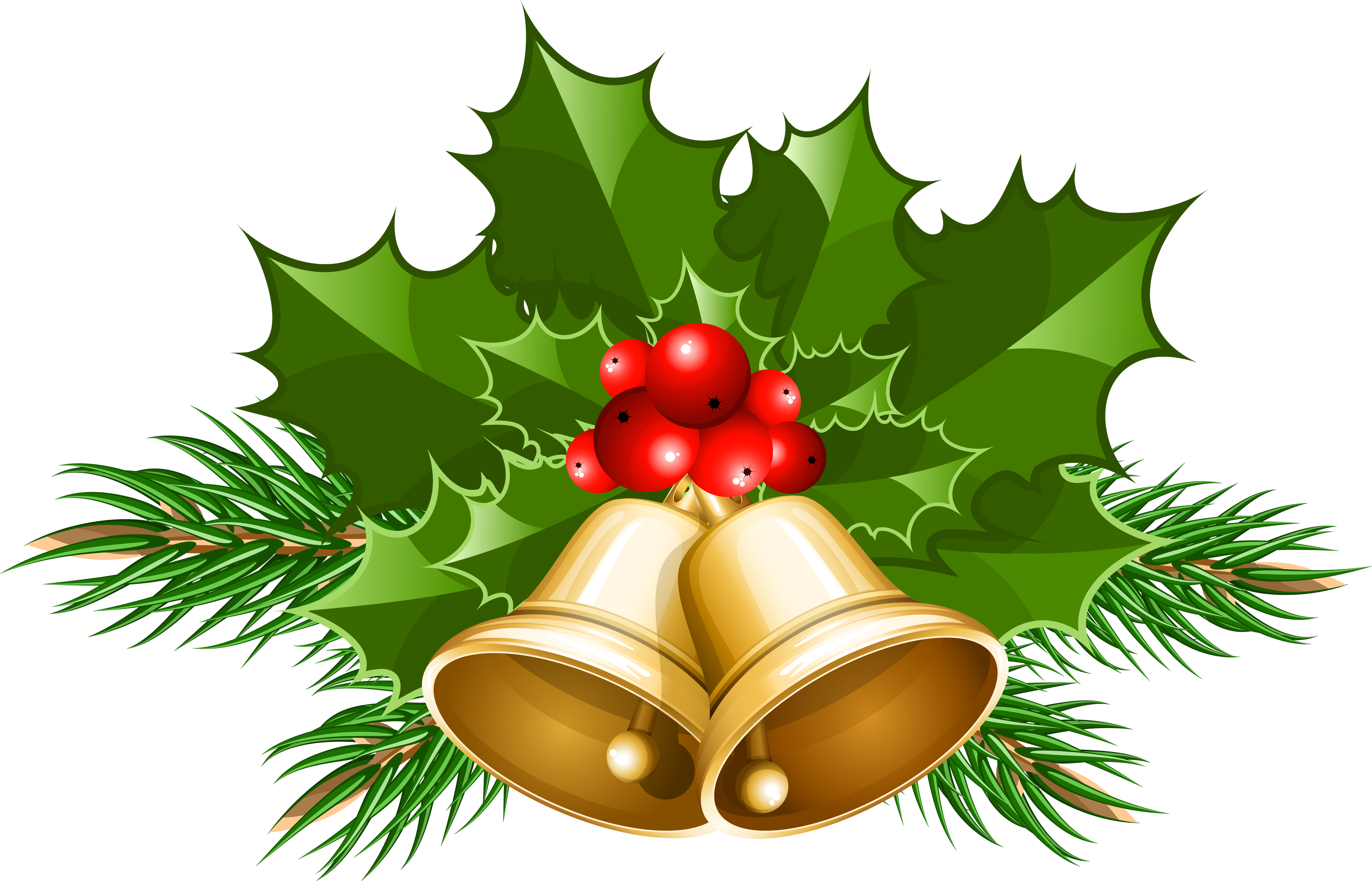 Holly 桌布 壁紙 — 金色鈴鐺依偎在冬青葉和紅莓之間，搭配松枝，營造節日聖誕設計。