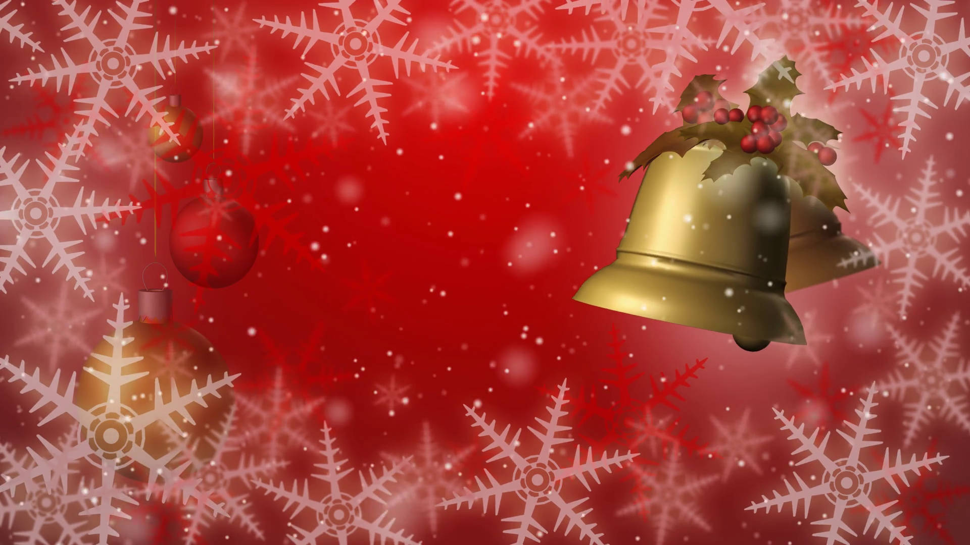 Christmas Bell 桌布 壁紙 — 金色鈴鐺和裝飾品在飄落的雪花中漂浮，背景是鮮豔的紅色節日背景。