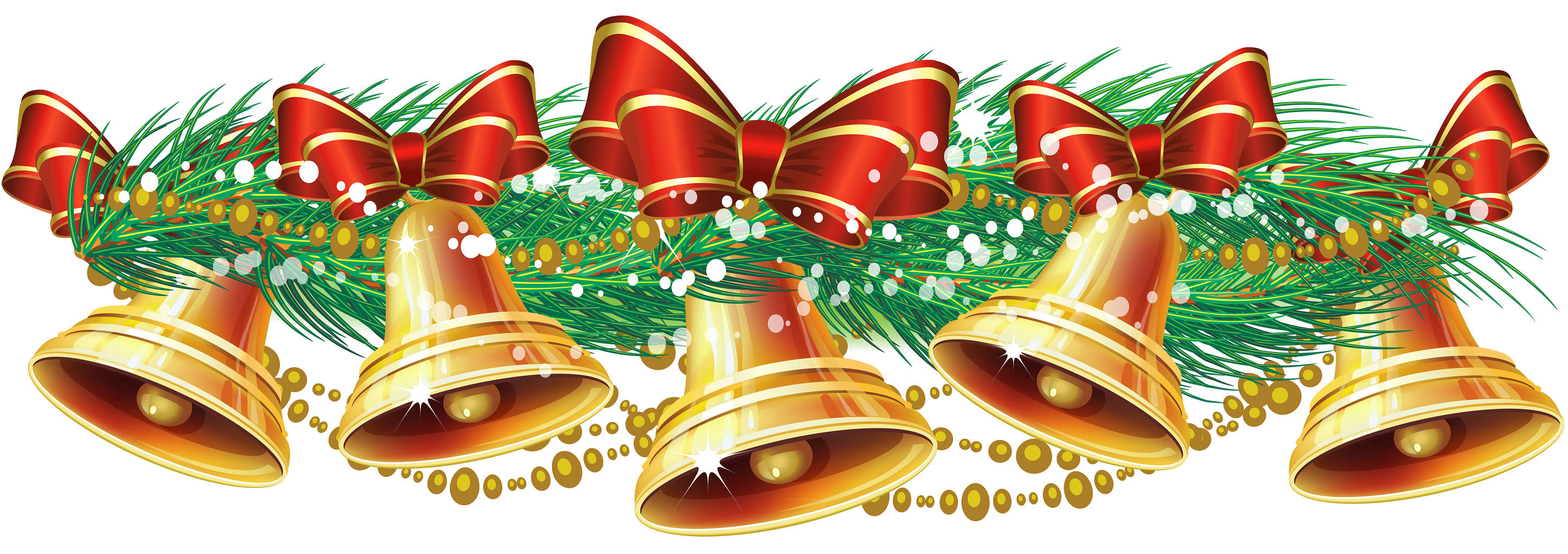 Christmas Bell 桌布 壁紙 — 金色鈴鐺飾以紅色蝴蝶結和綠色松樹花環，在白色背景上閃閃發光。