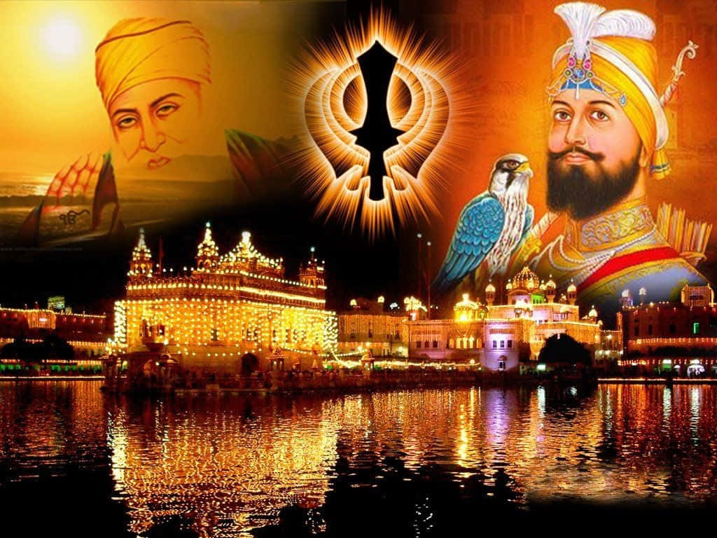 Golden Temple 桌布 壁紙 — 金色錫克教寺廟在夜晚倒映在水中，上方有古魯納納克和古魯戈賓德辛格的肖像以及發光的卡達符號。
