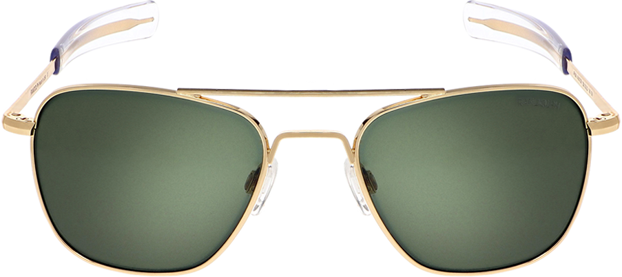 Aviator 桌布 壁紙 — 金色鏡框、綠色鏡面鏡片的飛行員太陽眼鏡，置於純黑背景上。