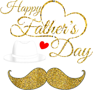 Happy Fathers Day 桌布 壁紙 — 金色閃亮父親節文字，配有白色紳士帽、心形和鬍鬚圖案。