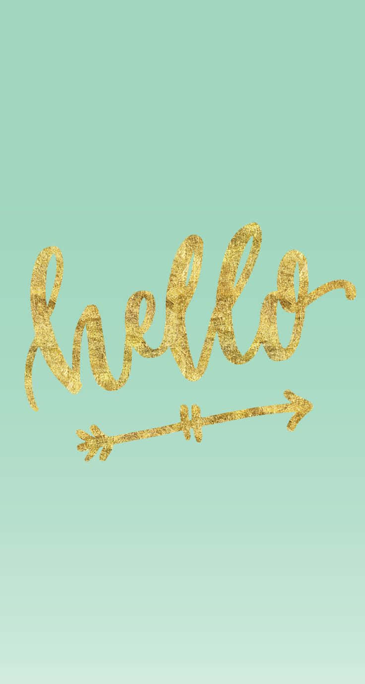pastel 桌布 壁紙 — 金色閃亮的Hello字體加上箭頭，在柔和薄荷綠色漸變背景上。