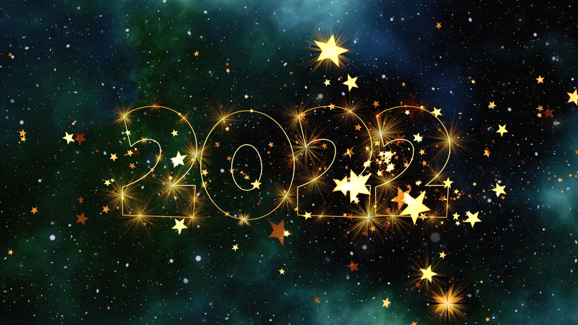 Beautiful Star 桌布 壁紙 — 金色閃爍的 '2022' 以星星勾勒，背景是宇宙星雲和發光天體。