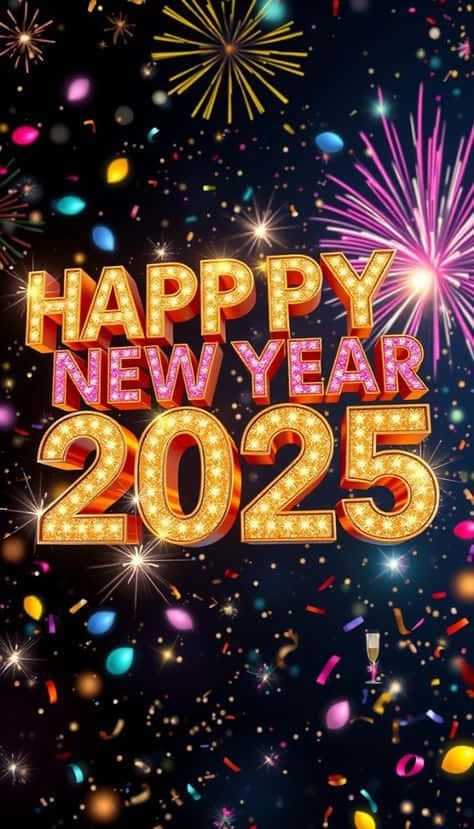 Happy New Year 2025 With Fireworks 壁紙 — 金色閃爍的「Happy New Year 2025」文字在充滿五彩繽紛煙火和飄落紙屑的黑暗天空中綻放。