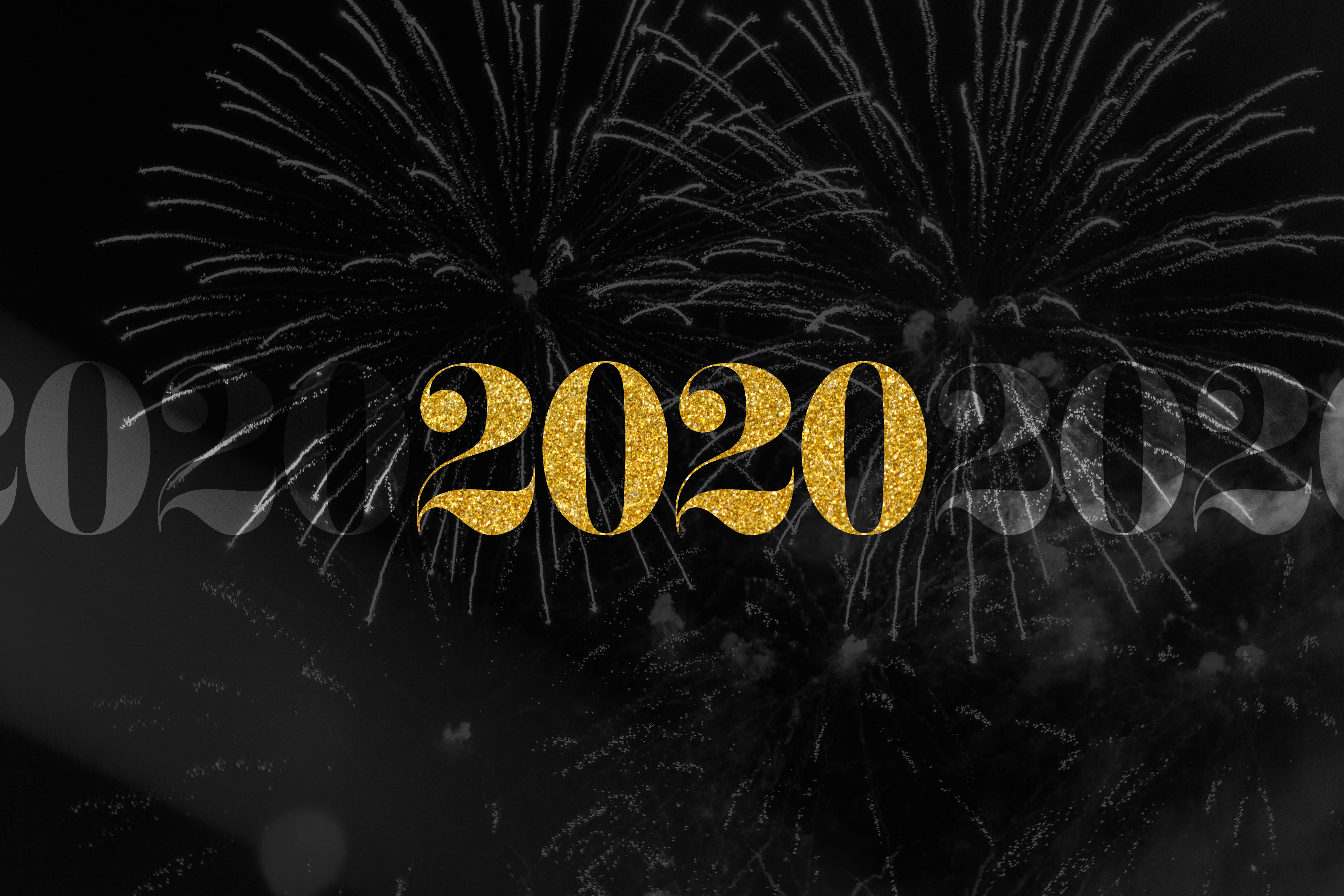 2020 phone 桌布 壁紙 — 金色閃爍的2020文字居中對比黑色天空，周圍有白色煙花綻放。