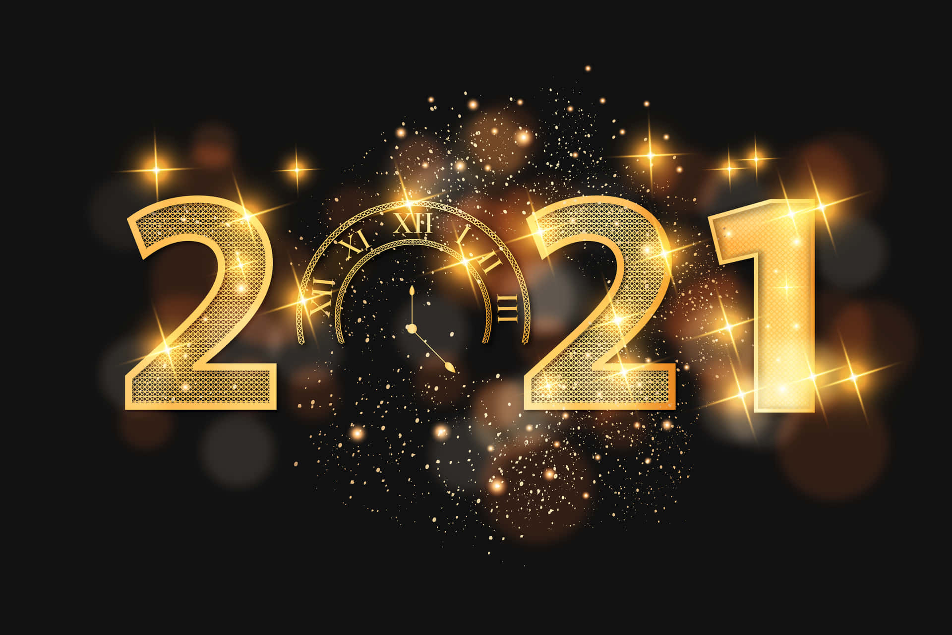 閃爍 桌布 壁紙 — 金色閃爍的2021數字，搭配羅馬數字時鐘和閃爍粒子，背景為深色。