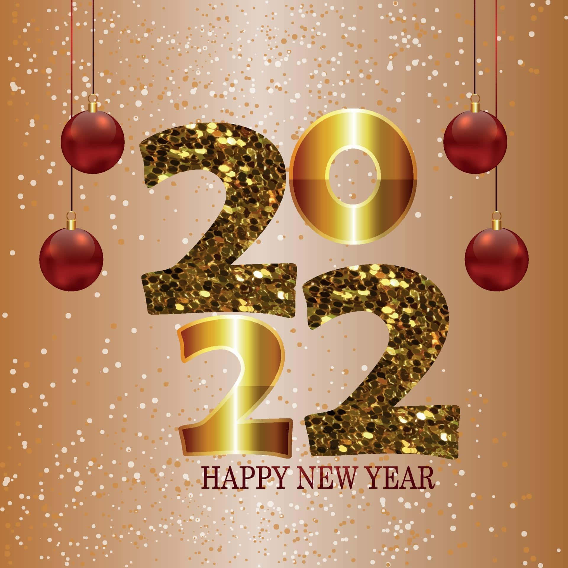 Happy New Year 2022 桌布 壁紙 — 金色閃爍的2022文字，配上懸掛的紅色裝飾和閃閃發光的五彩紙屑，背景為溫暖的漸變色。
