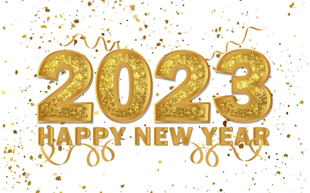 Confetti 桌布 壁紙 — 金色閃爍的2023年新年快樂文字，配以五彩紙屑和彩帶，背景為白色。