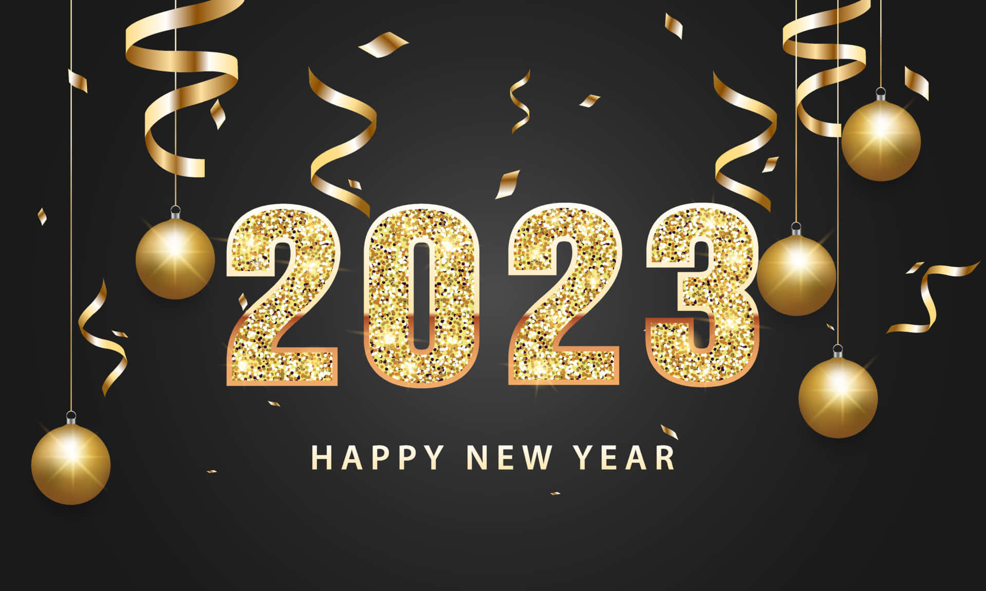 新年 桌布 壁紙 — 金色閃爍的2023文字，帶有懸掛裝飾和五彩紙屑，背景為深色。