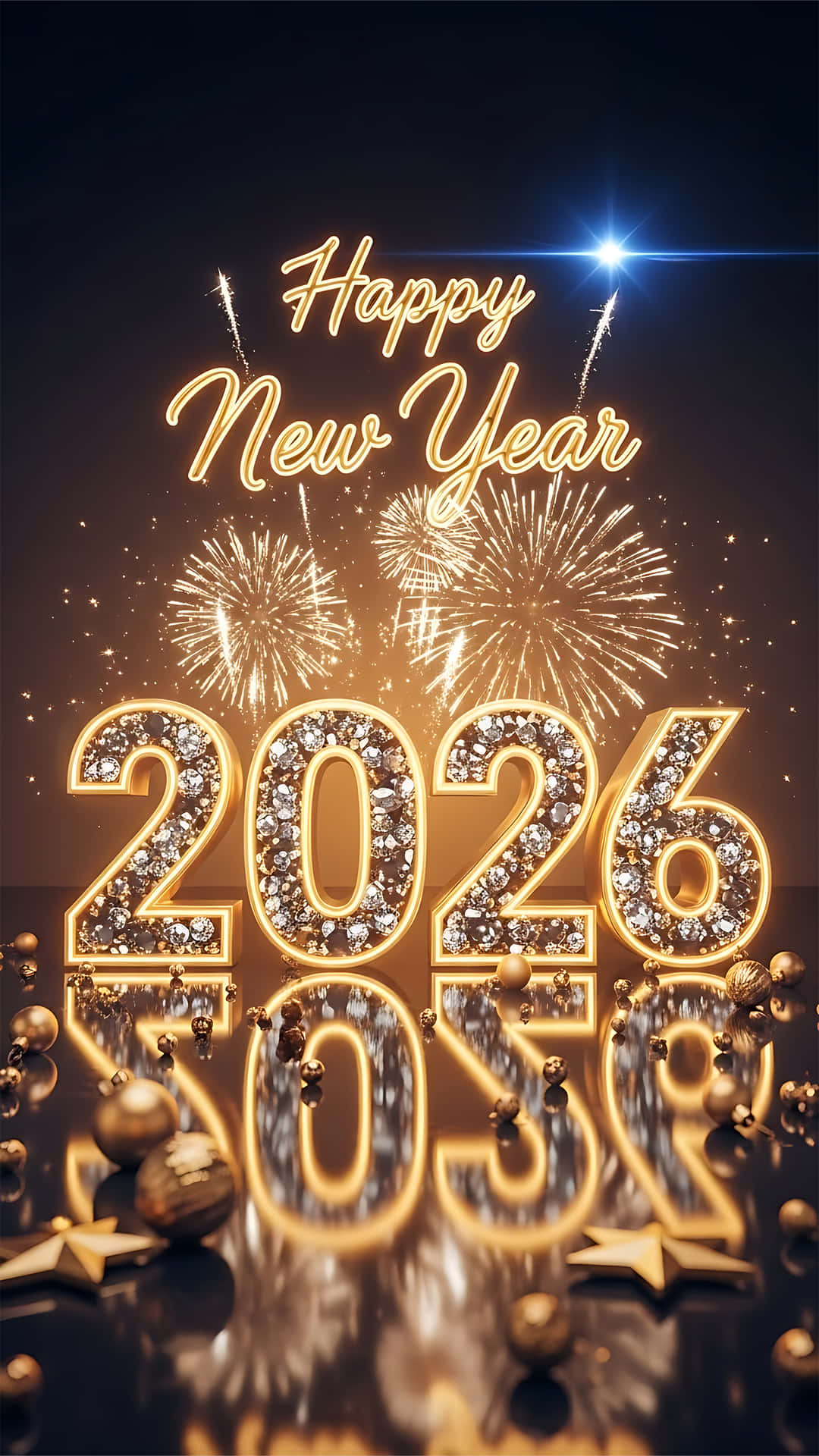 Happy New Year 2026 Fireworks Celebration Greeting Card 壁紙 — 金色閃爍的2026數字，配以煙火和「Happy New Year」文字，背景為帶有星爆效果的黑暗天空。