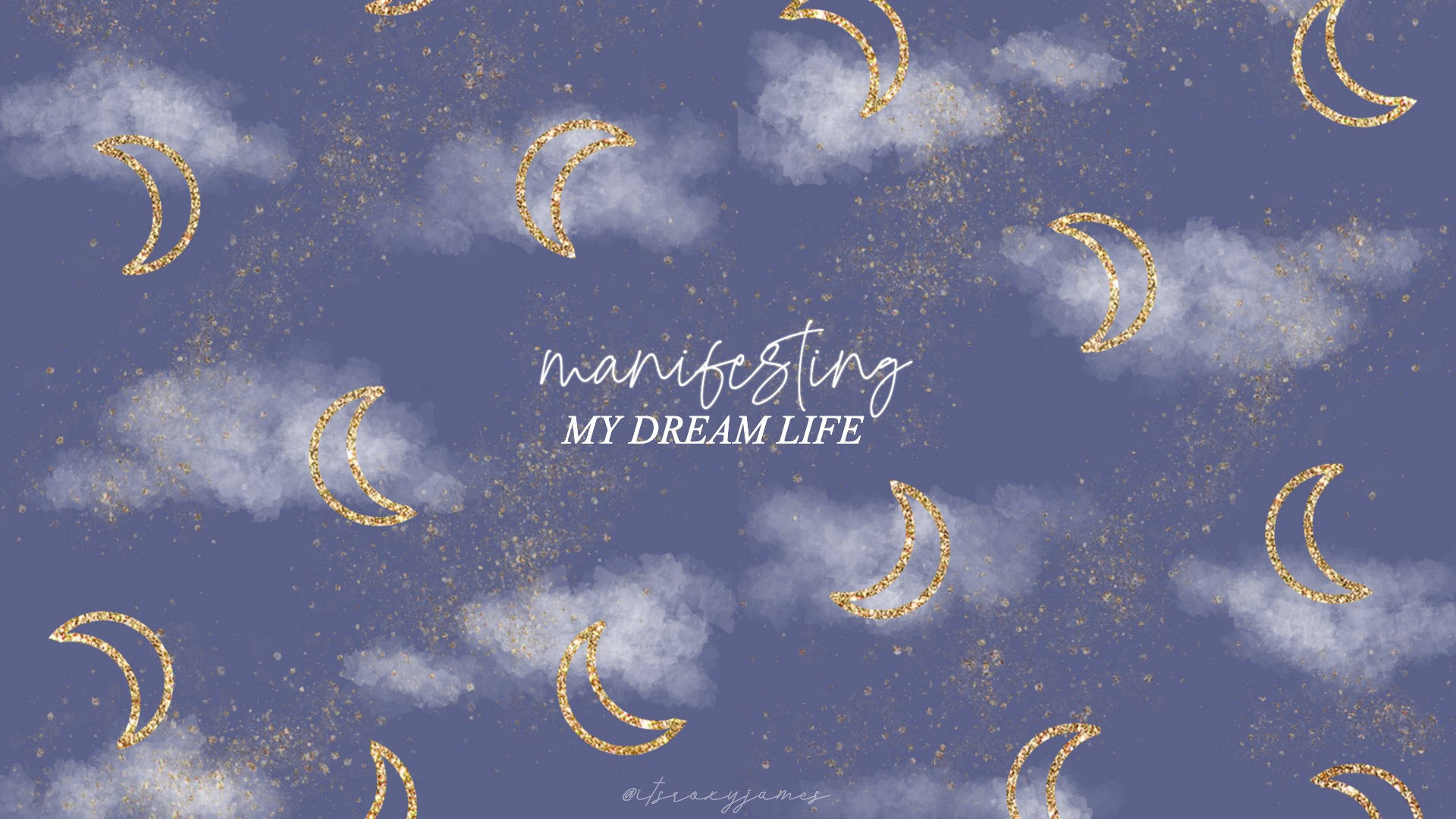 紫色天空，金色閃粉月亮和雲朵，上面寫著 manifesting my dream life。 — 顯現 GIF 壁紙