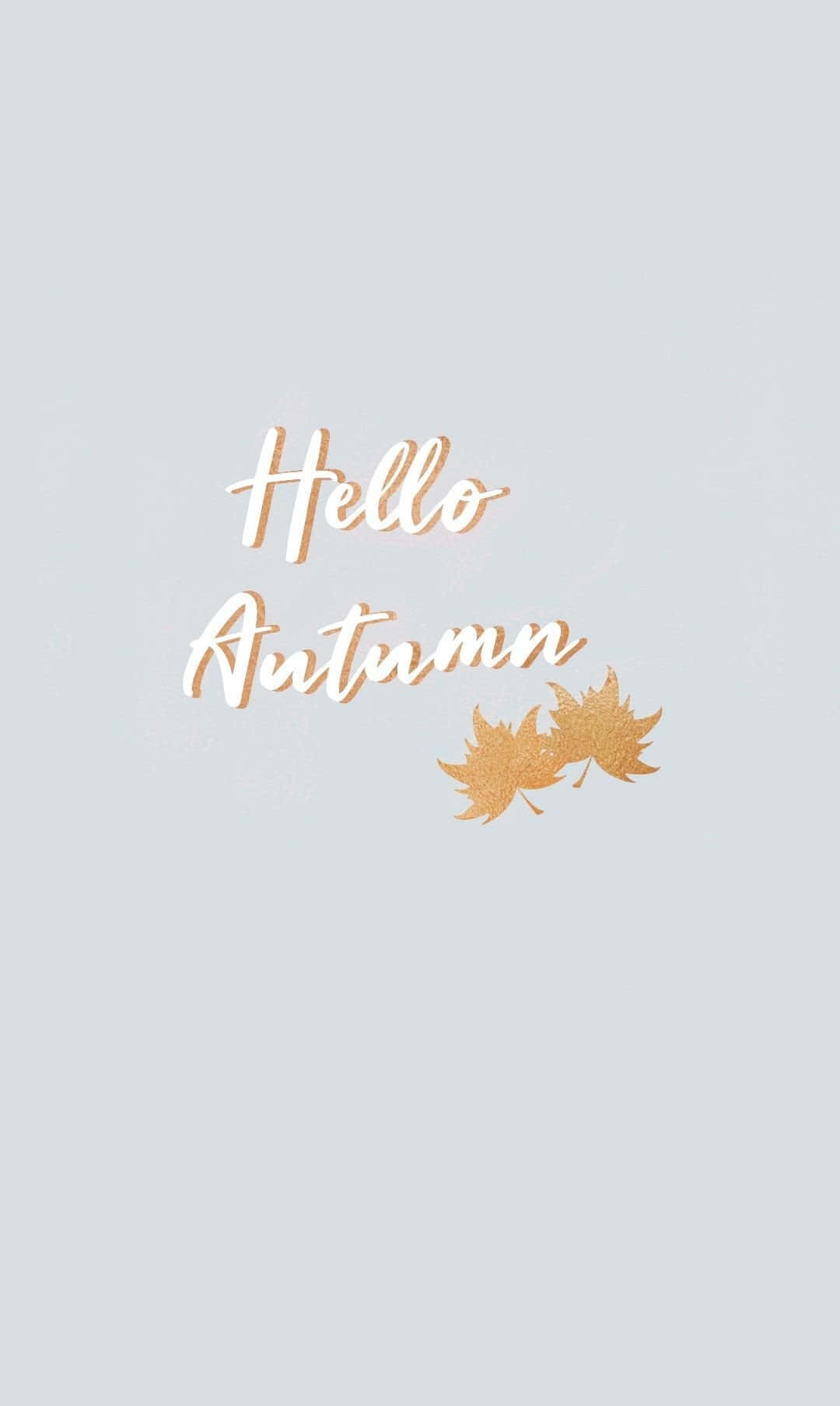 September iPhone 桌布 壁紙 — 金色閃爍的文字寫著 Hello Autumn，搭配兩片楓葉，背景為柔和的灰色。