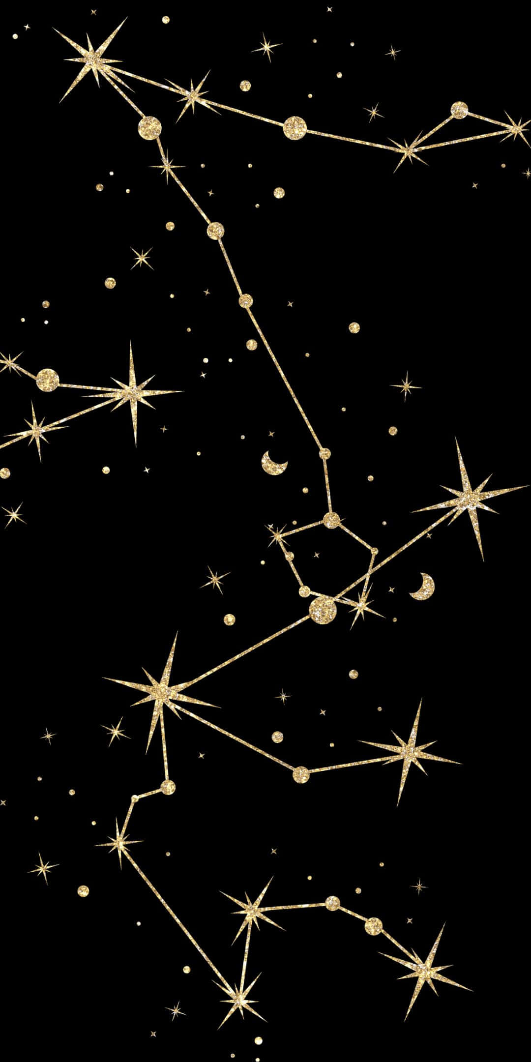 1080x2160 桌布 壁紙 — 金色閃爍的星星和星座在深邃的黑色夜空中閃耀，伴隨著新月。