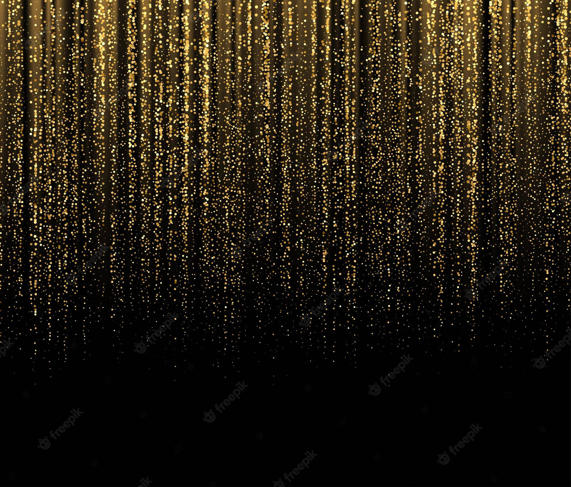 Glitter Black 桌布 壁紙 — 金色閃爍的粒子像雨一樣在深黑色背景上傾瀉而下，營造出奢華閃爍的效果。