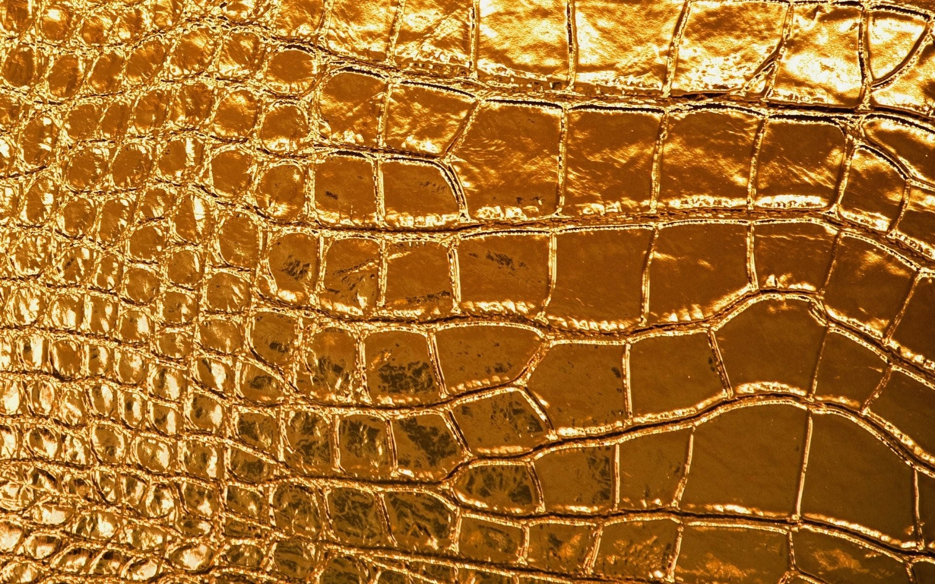 金色質感 桌布 壁紙 — 金色閃爍鱷魚皮的特寫，帶有紋理鱗片和反射高光。