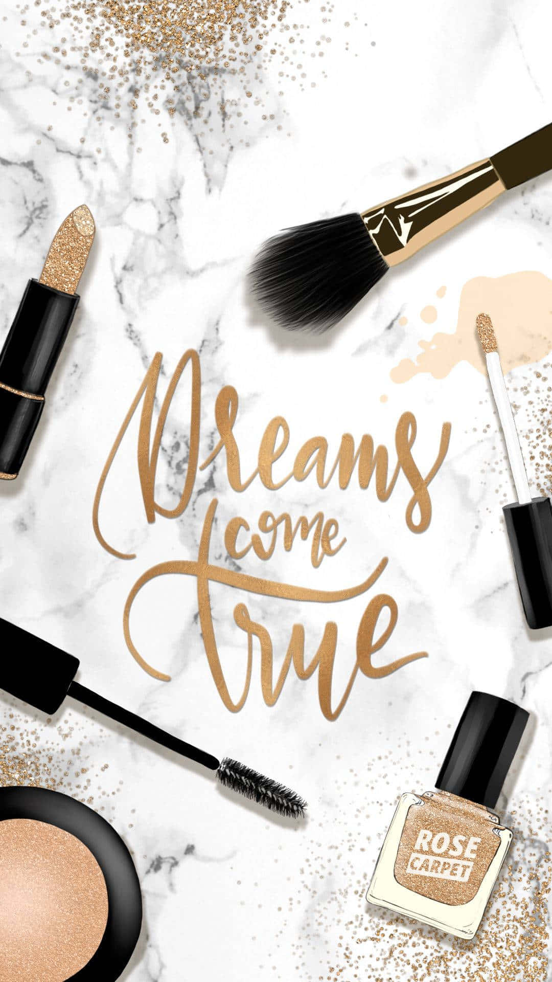 Rose Gold Quotes 桌布 壁紙 — 金色閃粉和化妝工具巧妙地擺放在白色大理石表面上，並以優雅的字體寫上「Dreams come true」字句。