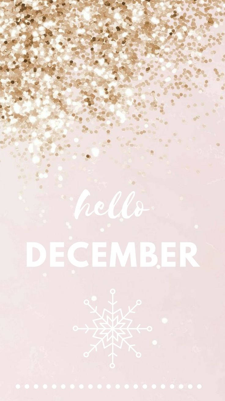 粉紅色背景，金色閃粉飄落，白色文字寫著 hello DECEMBER，並附有雪花。 — 閃爍 GIF 壁紙