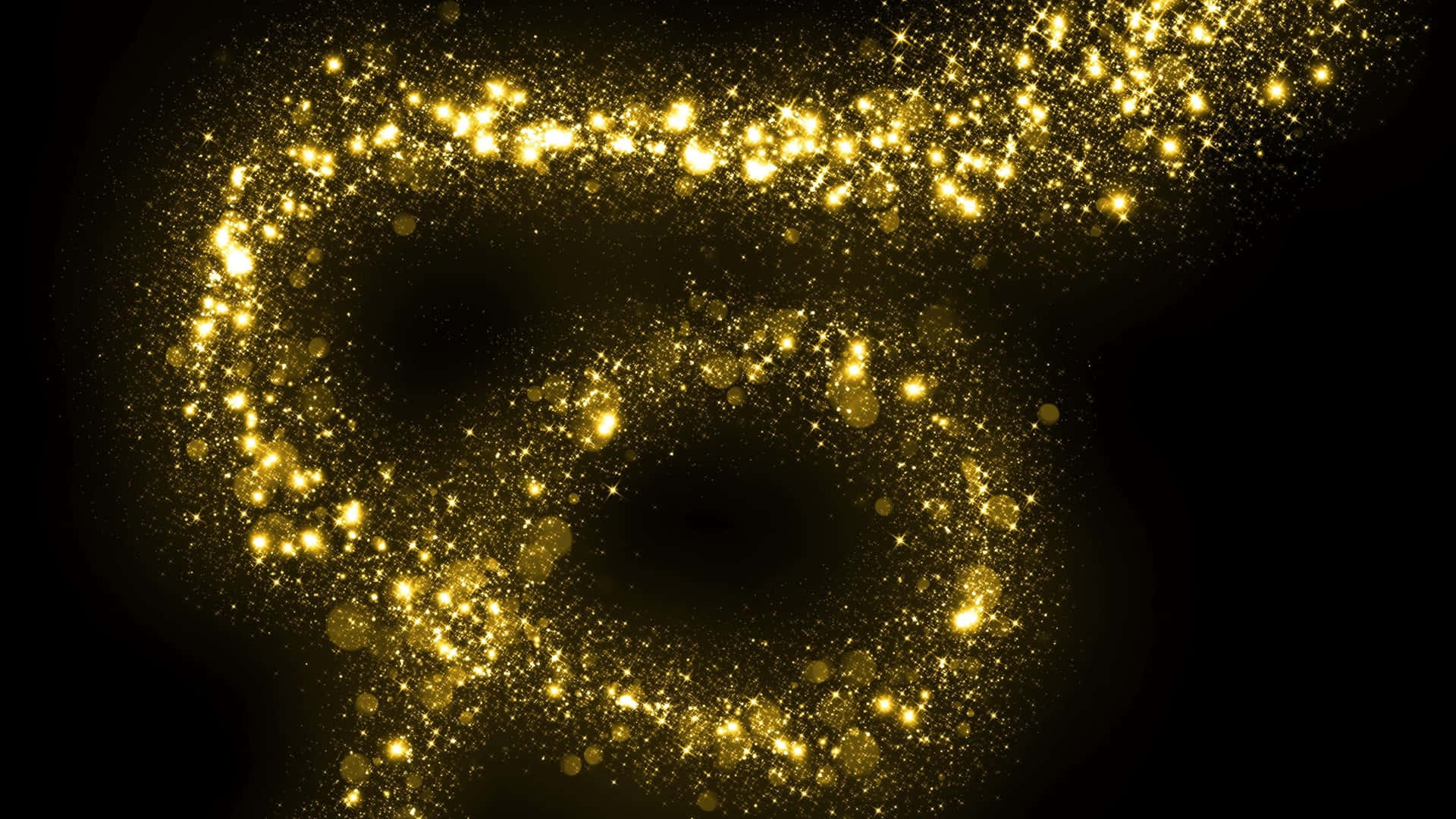 Black And Gold Glitter 桌布 壁紙 — 金色閃粉粒子在黑暗背景上形成發光螺旋，營造出神奇的閃爍效果。