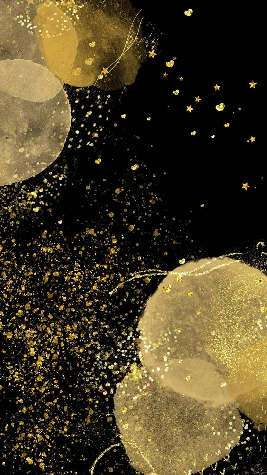 Black And Gold Aesthetic 桌布 壁紙 — 金色閃閃發光的球體和星星在深黑色背景上漂浮，形成夢幻般的抽象構圖。