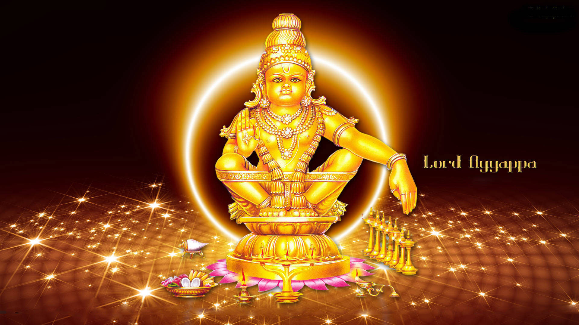 Indian 桌布 壁紙 — 金色阿亞帕主神像在閃閃發光的神聖環境中散發神聖光芒，伴有供品和發光光環。
