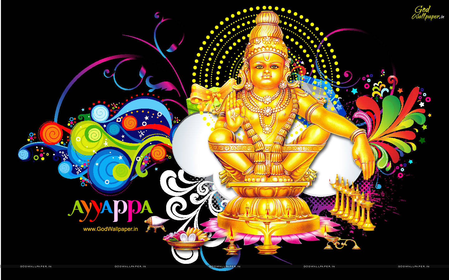 Indian 桌布 壁紙 — 金色阿亞帕神祇在冥想中坐著，被充滿活力的漩渦圖案和色彩繽紛的裝飾元素環繞，背景為黑色。