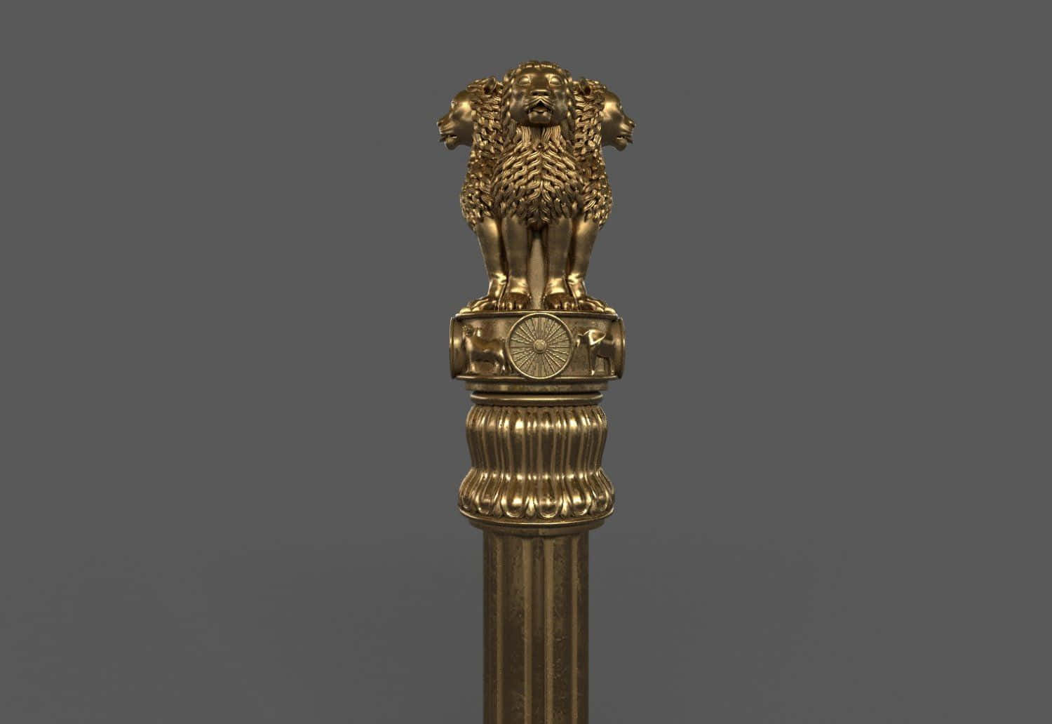 statue 桌布 壁紙 — 金色阿育王柱，柱身有凹槽，頂端有四隻獅子，背景為純灰色。
