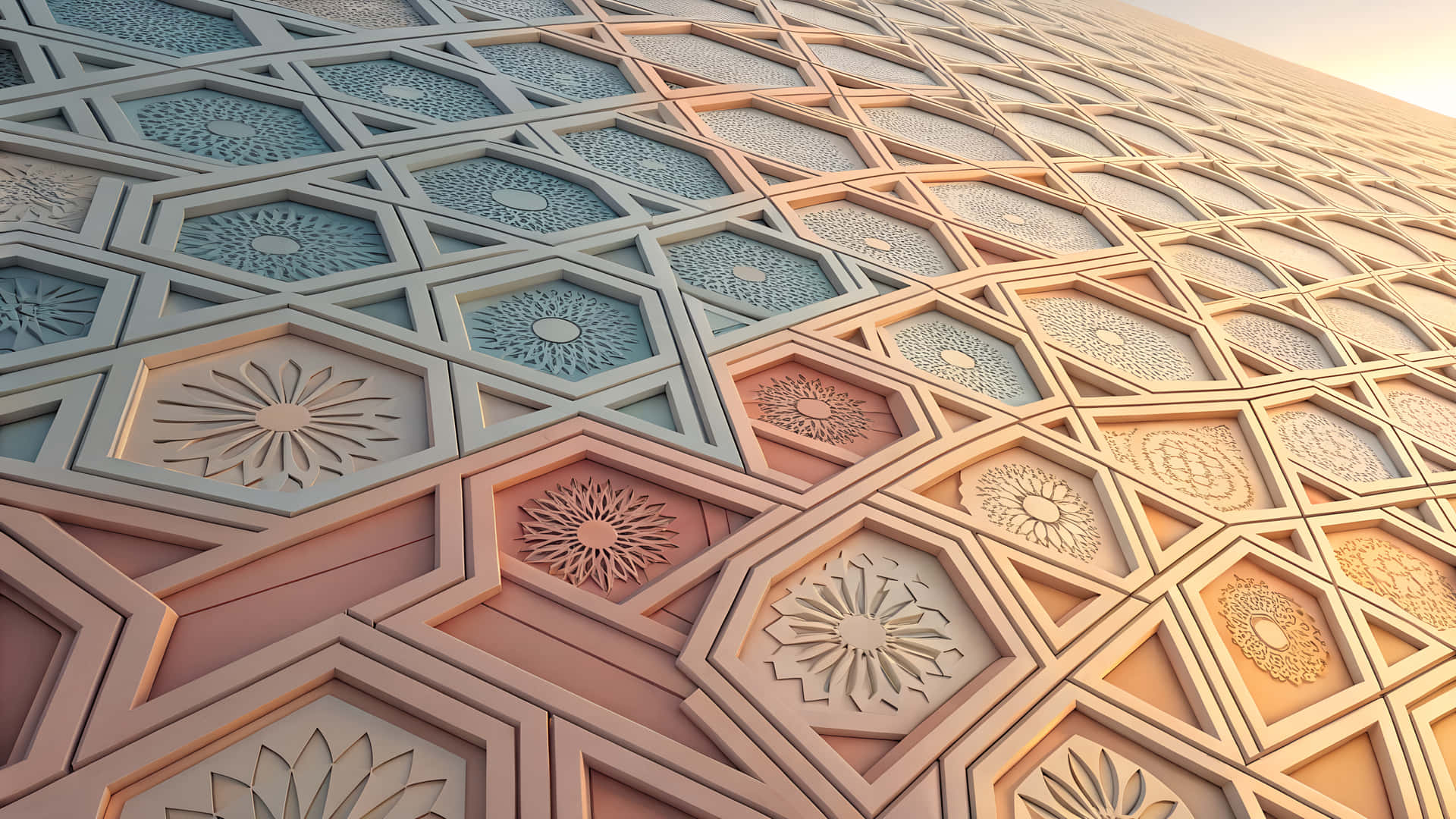Intricate Architectural Pattern with Geometric Floral Design 壁紙 — 金色陽光下，帶有幾何圖案建築物外牆的特寫，採用溫暖蜜桃色和清涼藍綠色六角形面板。