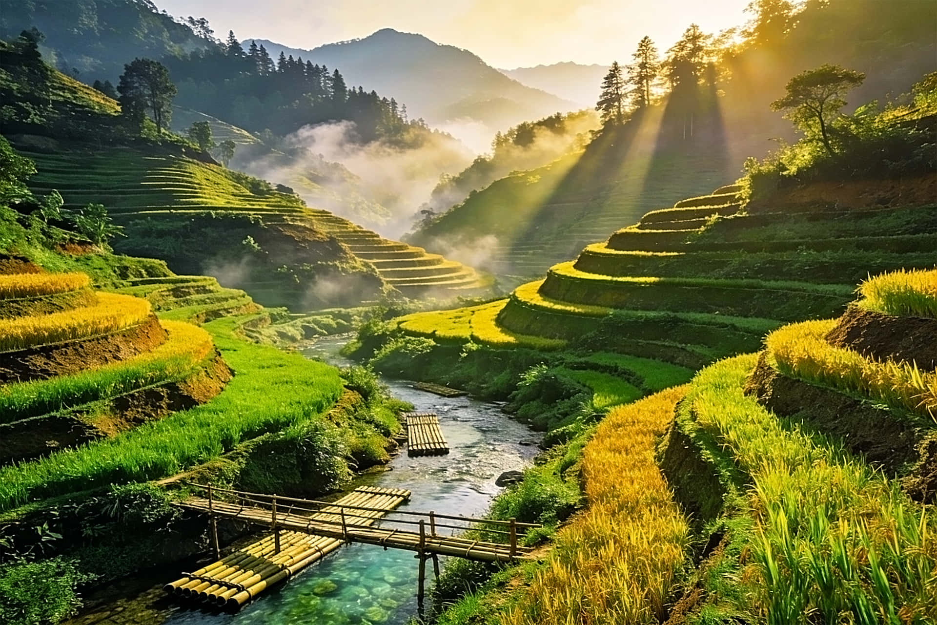beautiful morning 壁紙 — 金色陽光穿過薄霧，照耀在翠綠和金黃的梯田上，竹橋橫跨清澈的溪流。