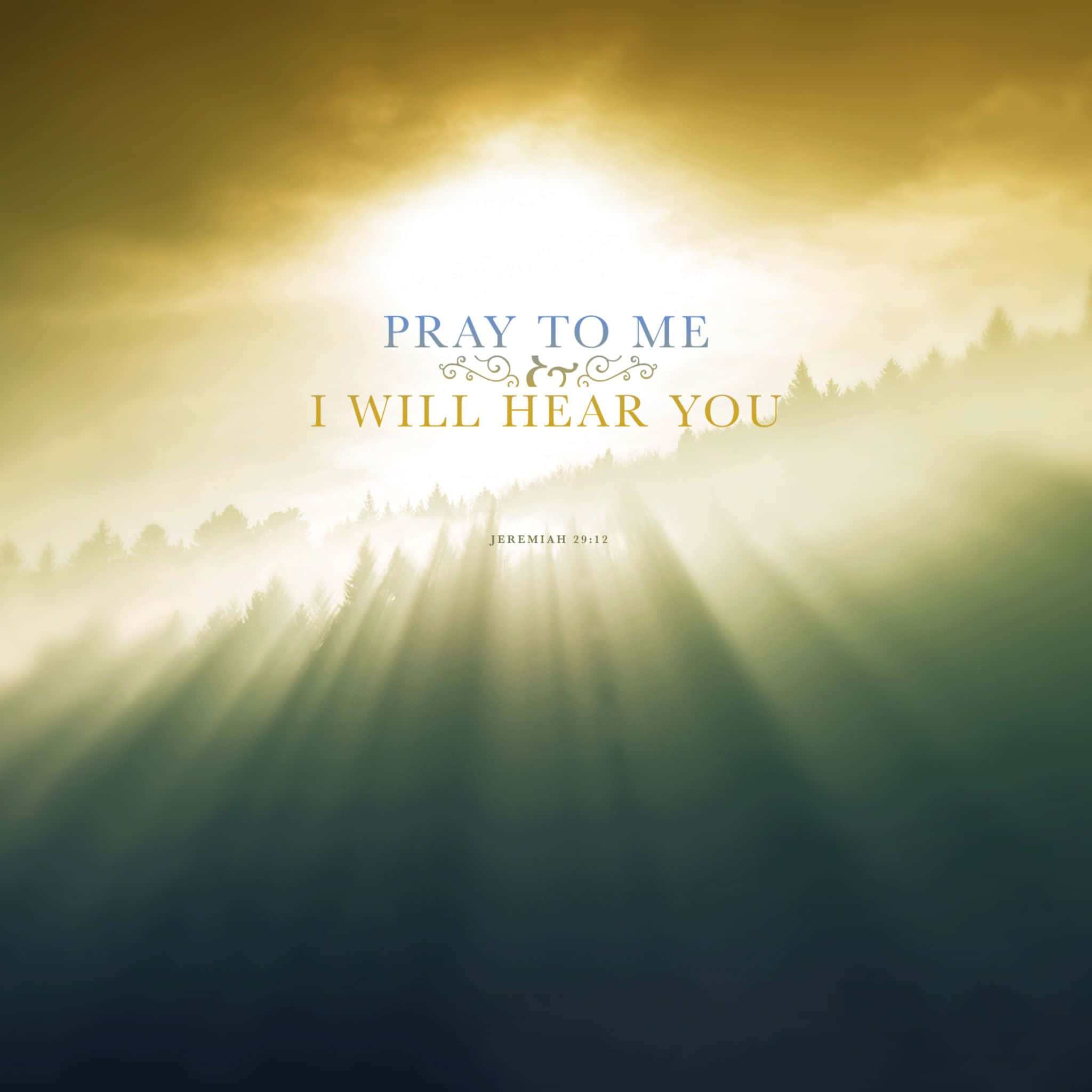 Prayer 桌布 壁紙 — 金色陽光穿過迷霧森林樹冠，帶有勵志文字疊加。