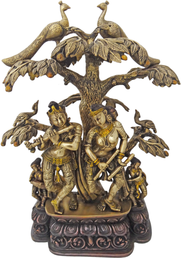 Radha Krishna 桌布 壁紙 — 金色雕像，兩位神聖人物在樹下跳舞，樹枝上有孔雀棲息。
