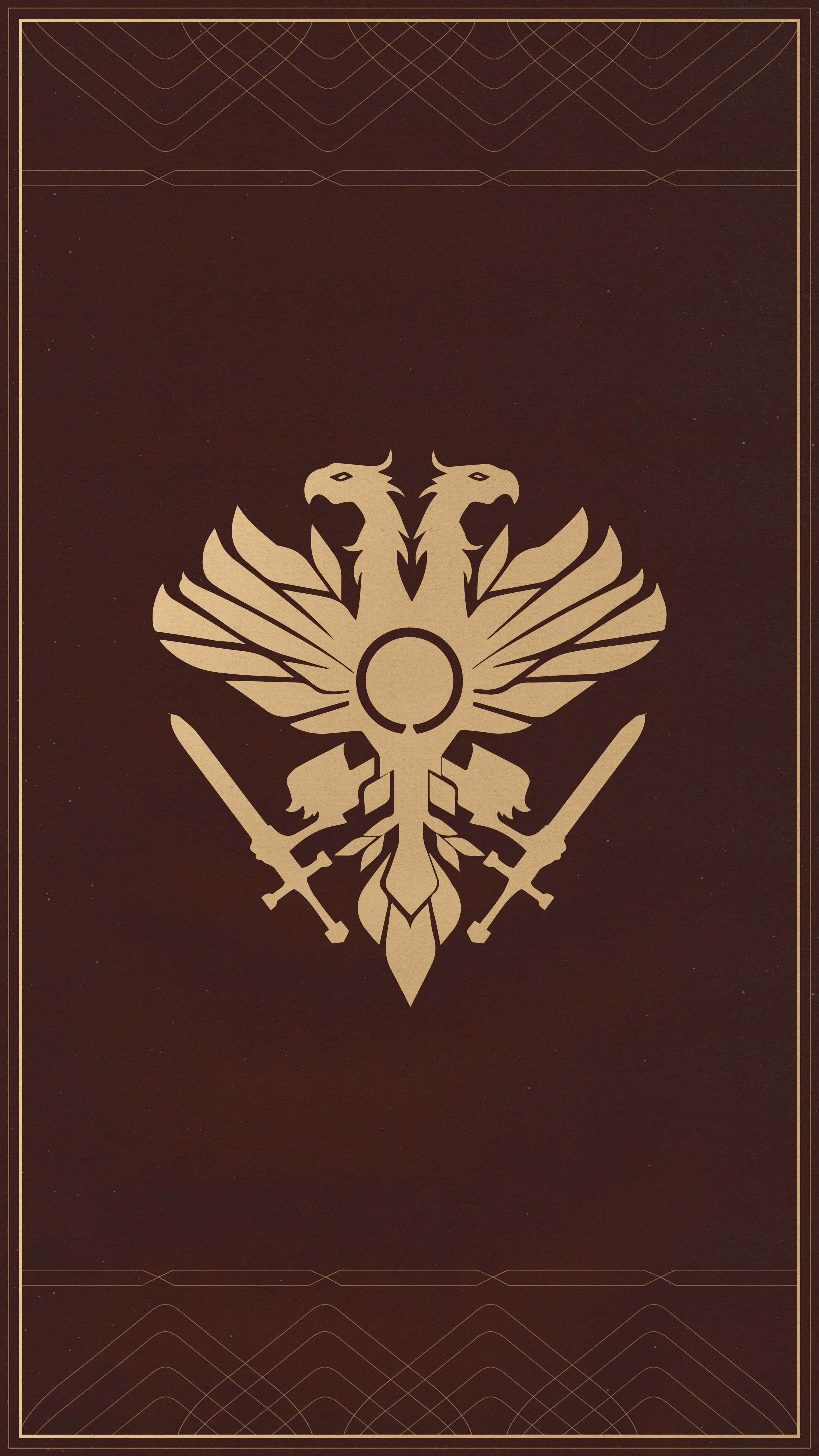 Destiny 2 Phone 桌布 壁紙 — 金色雙頭鷹徽章，帶有交叉劍和中央圓圈，置於深棕色背景上，帶有幾何邊框。