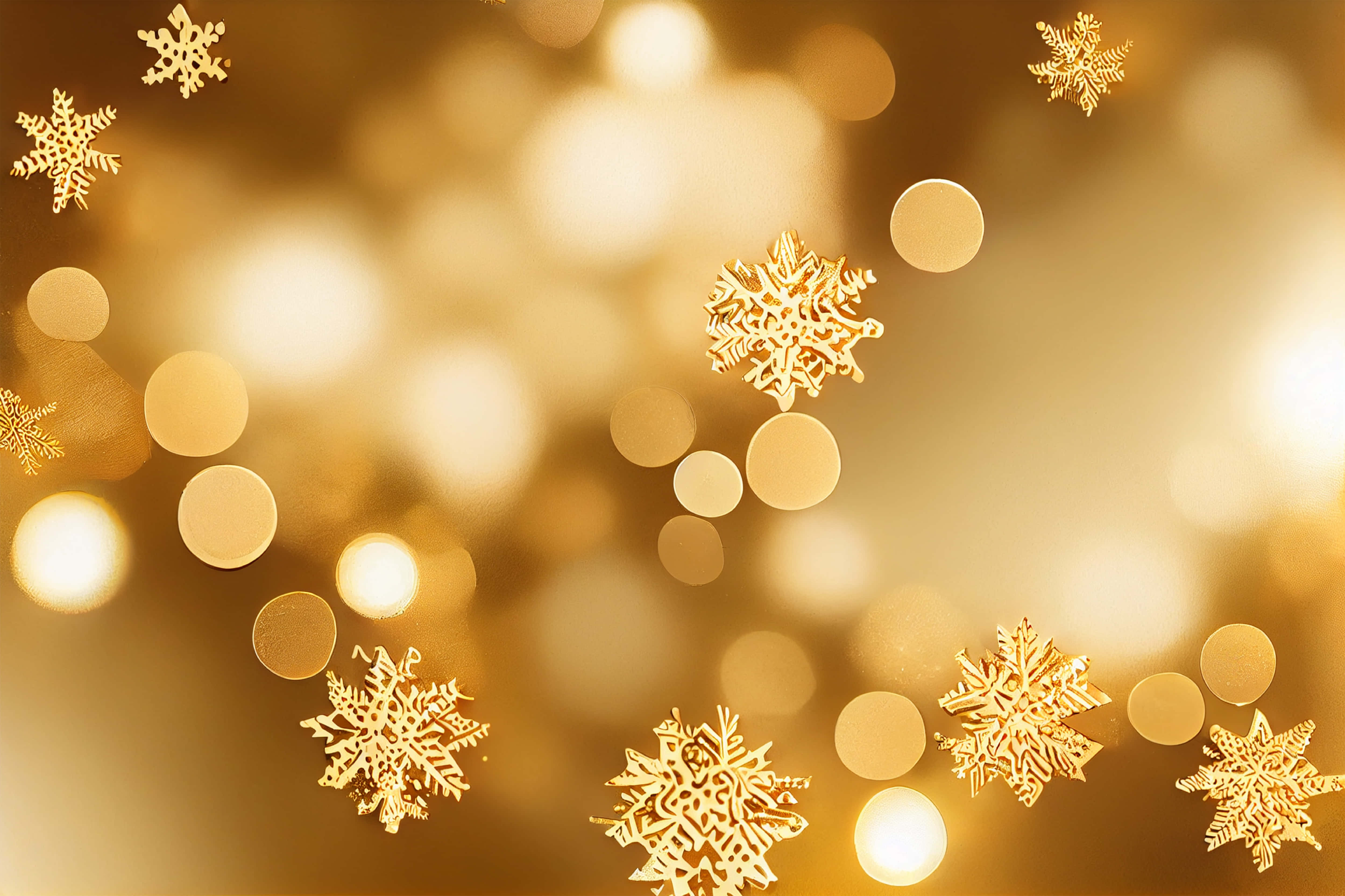 Gold Christmas 桌布 壁紙 — 金色雪花優雅地飄浮在溫暖的散景背景上，閃爍著節日燈光。