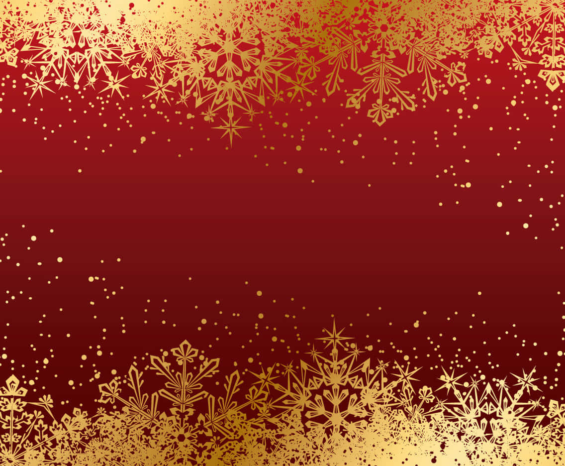 Microsoft Teams Christmas 桌布 壁紙 — 金色雪花和閃粉裝飾著豐富紅色漸變背景的頂部和底部邊框。