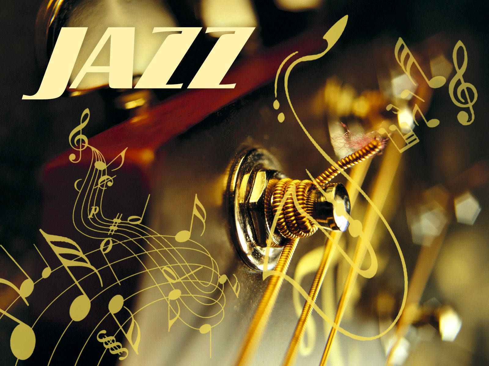 音樂 桌布 壁紙 — 金色音符圍繞吉他的調音栓旋轉，'JAZZ' 文字在模糊的樂器背景上溫暖地發光。