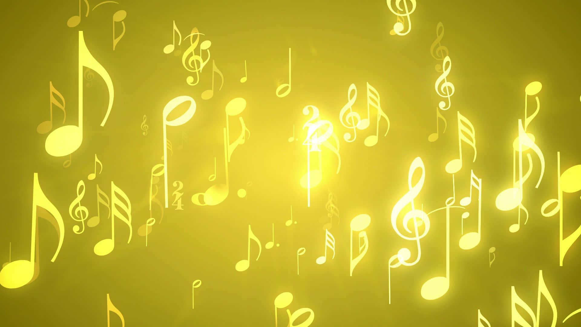 Music Notes 桌布 壁紙 — 金色音符在明亮的黃色漸變背景上漂浮並發光。