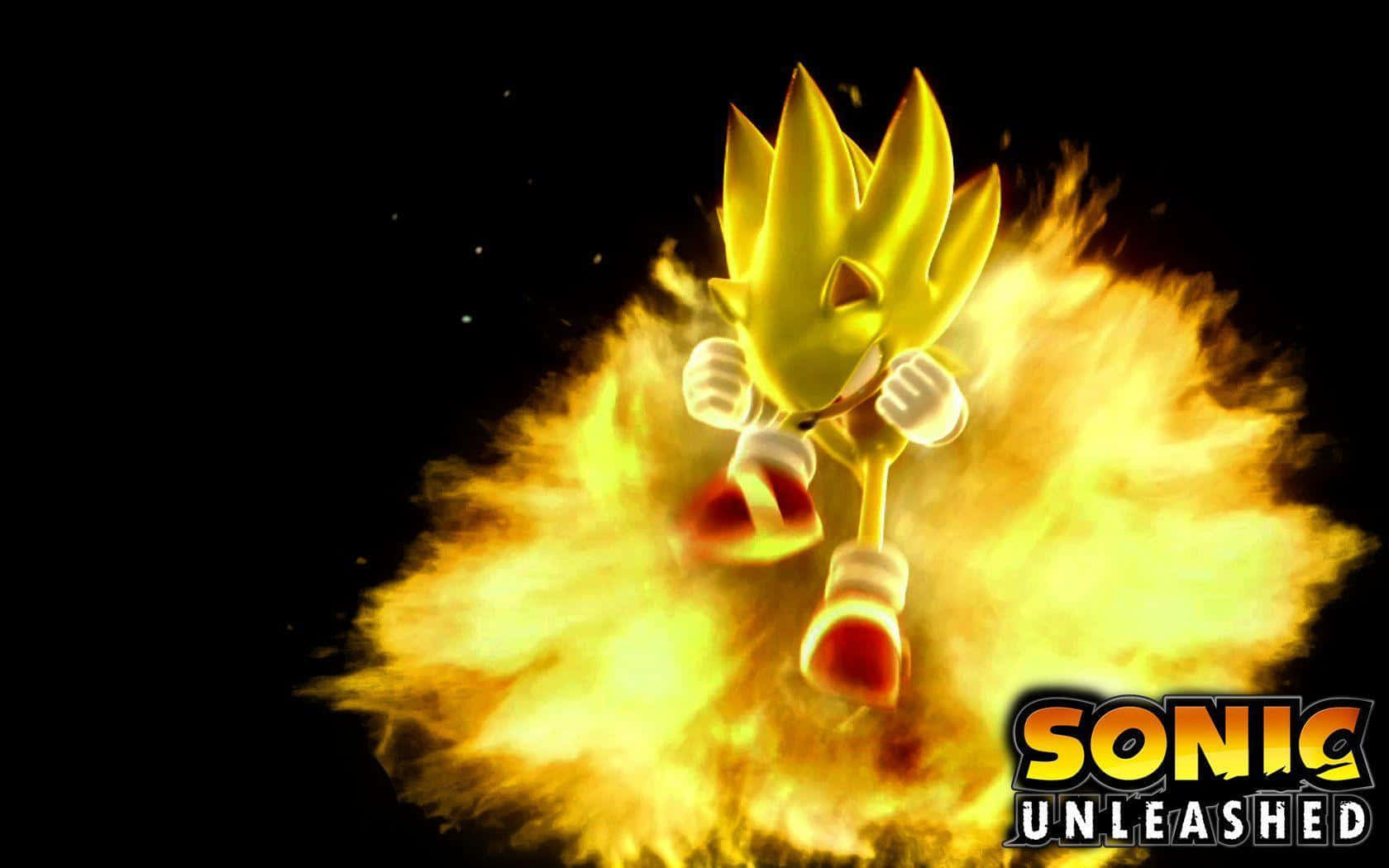 Super Sonic 桌布 壁紙 — 金色音速小子在佈滿星星的黑色虛空中，衝破熾熱的爆炸向前衝刺。