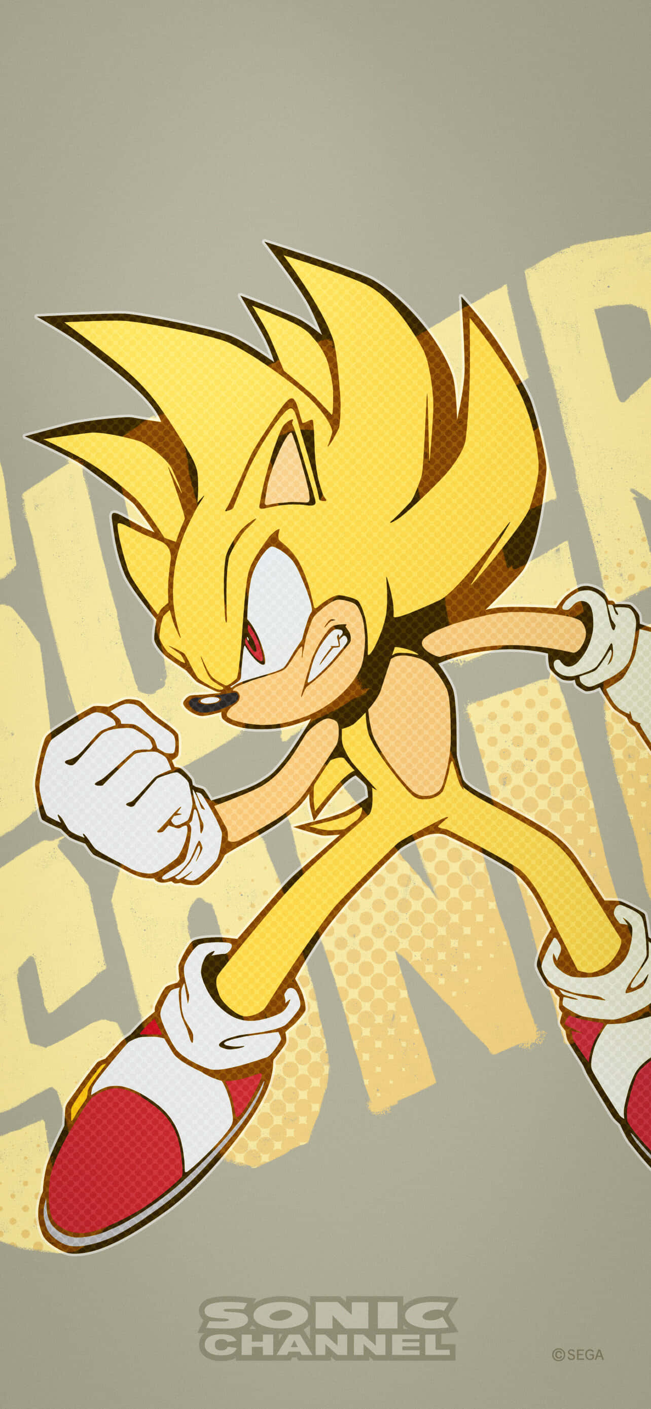 Super Sonic 桌布 壁紙 — 金色音速小子在柔和背景上動態奔跑，搭配粗體黃色文字和半色調圖案。