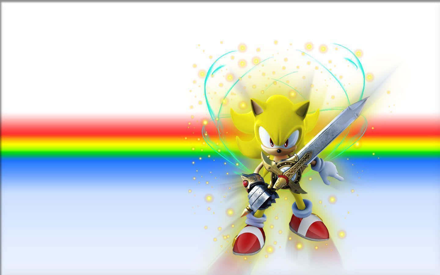 Super Sonic 桌布 壁紙 — 金色音速小子揮舞著發光的劍，背景是鮮豔的彩虹和閃爍的能量效果。