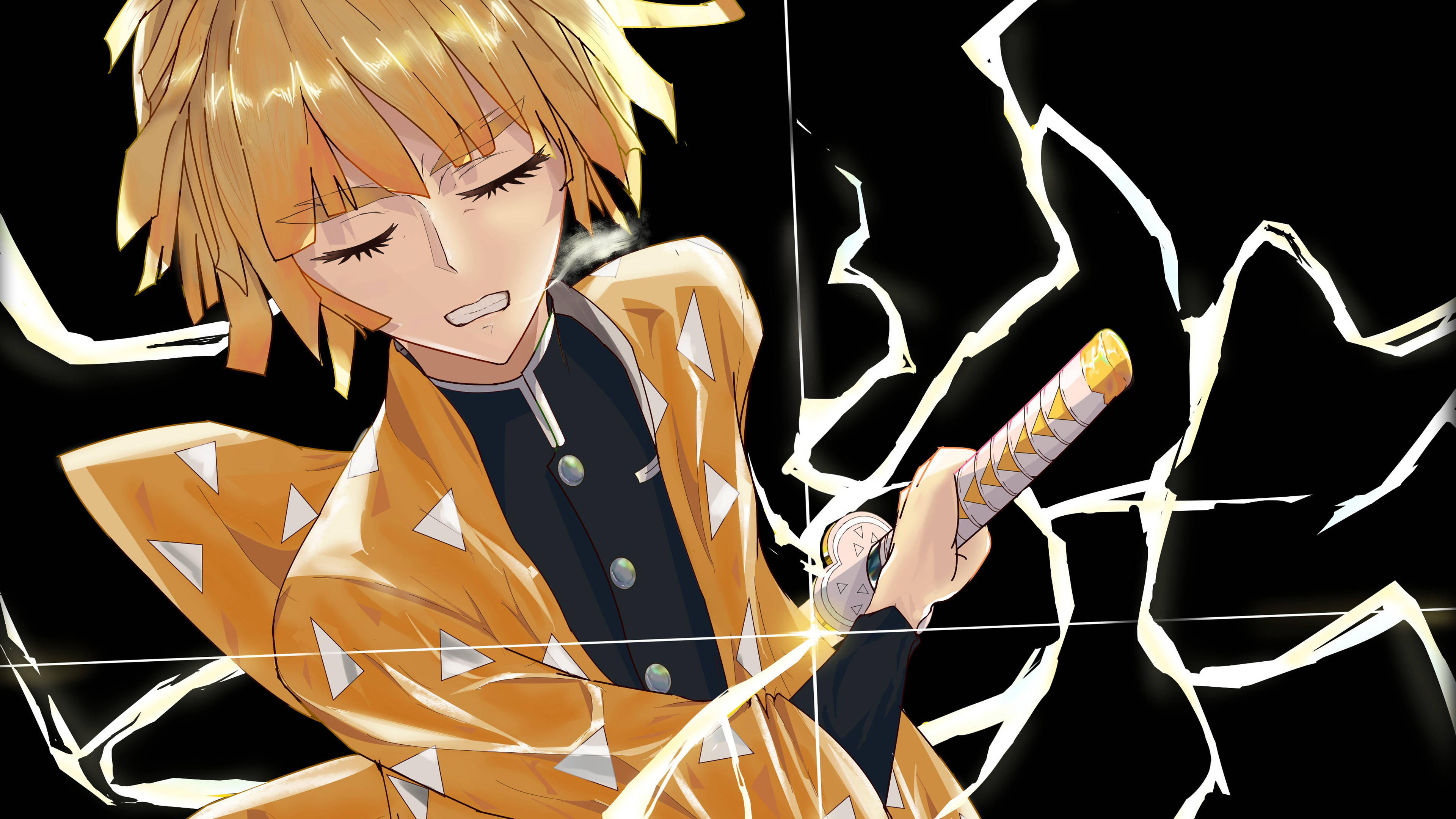 Demon Slayer Zenitsu 桌布 壁紙 — 金色頭髮、橙色和服的動漫角色，在帶有白色裂紋效果的黑色背景上揮舞著發光的劍。