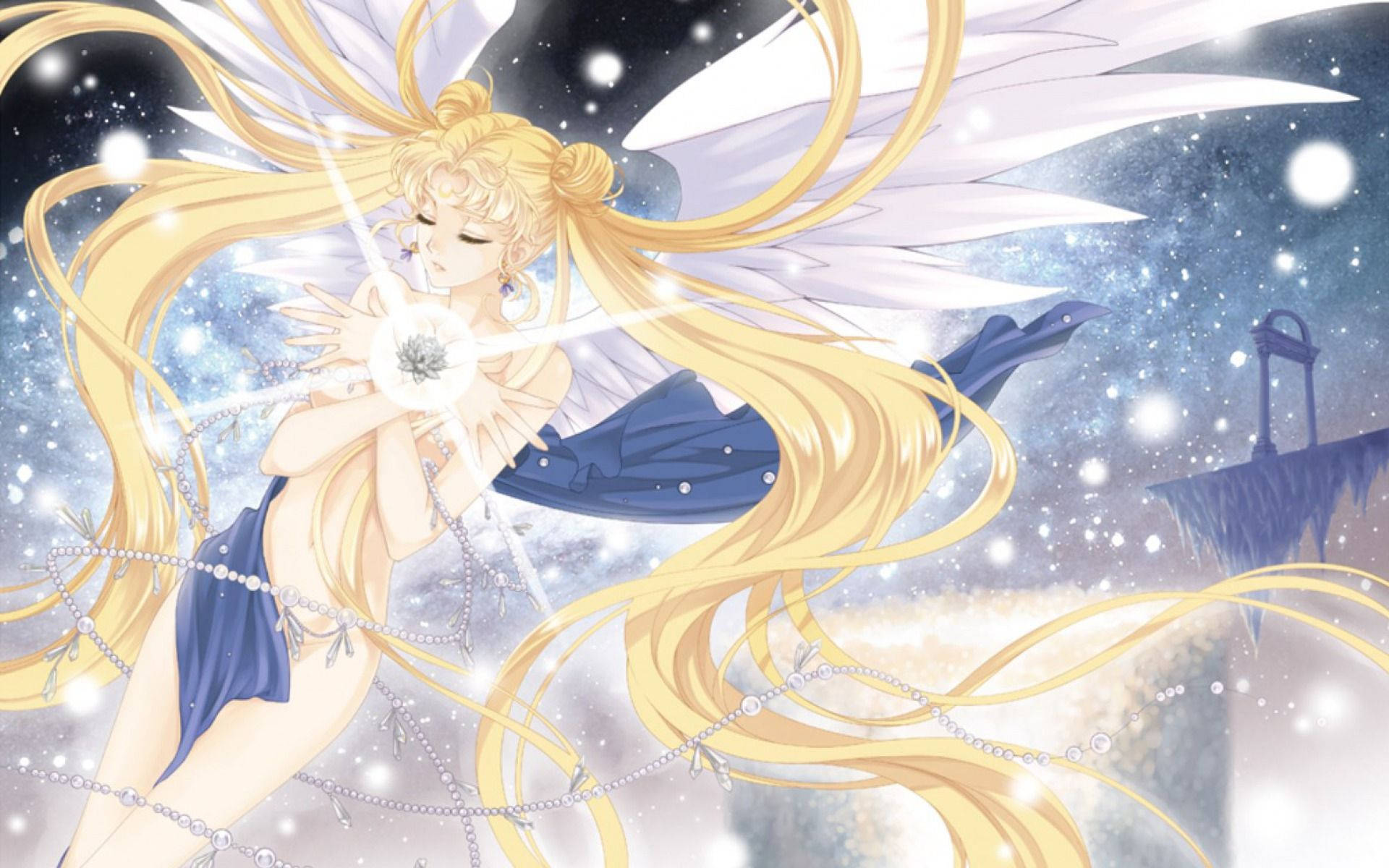 美少女戰士 桌布 壁紙 — 金色頭髮、白色翅膀的動漫天使，在星空宇宙背景下手持發光球體。