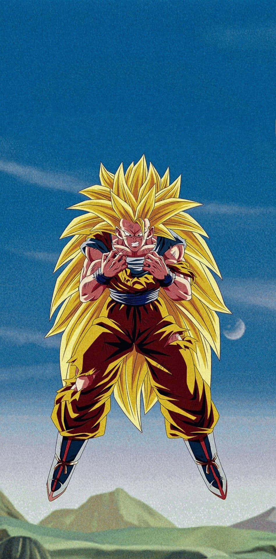 Ssj3 桌布 壁紙 — 金色頭髮的超級賽亞人悟空在藍天下強力漂浮，下方有新月和遠山。