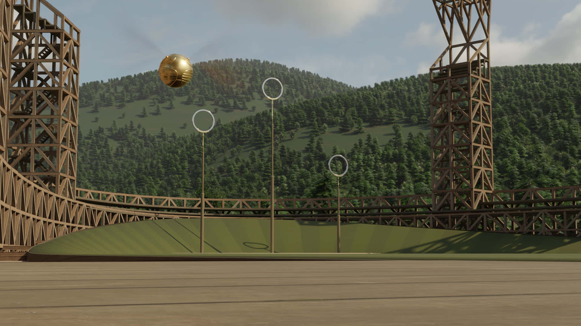 The Hogwarts Quidditch Pitch 桌布 壁紙 — 金色飛賊在三個球門圈上方盤旋，球場由木塔和森林覆蓋的山丘環繞。