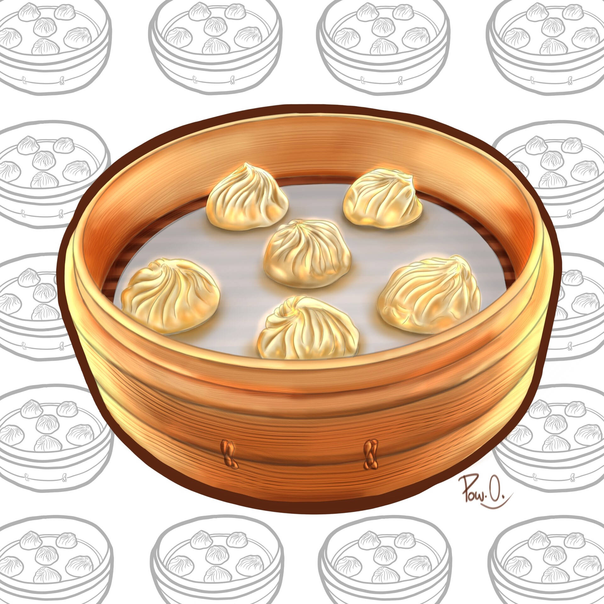 steam 桌布 壁紙 — 金色餃子放在木蒸籠裡，背景是重複的同類蒸籠線條圖案。