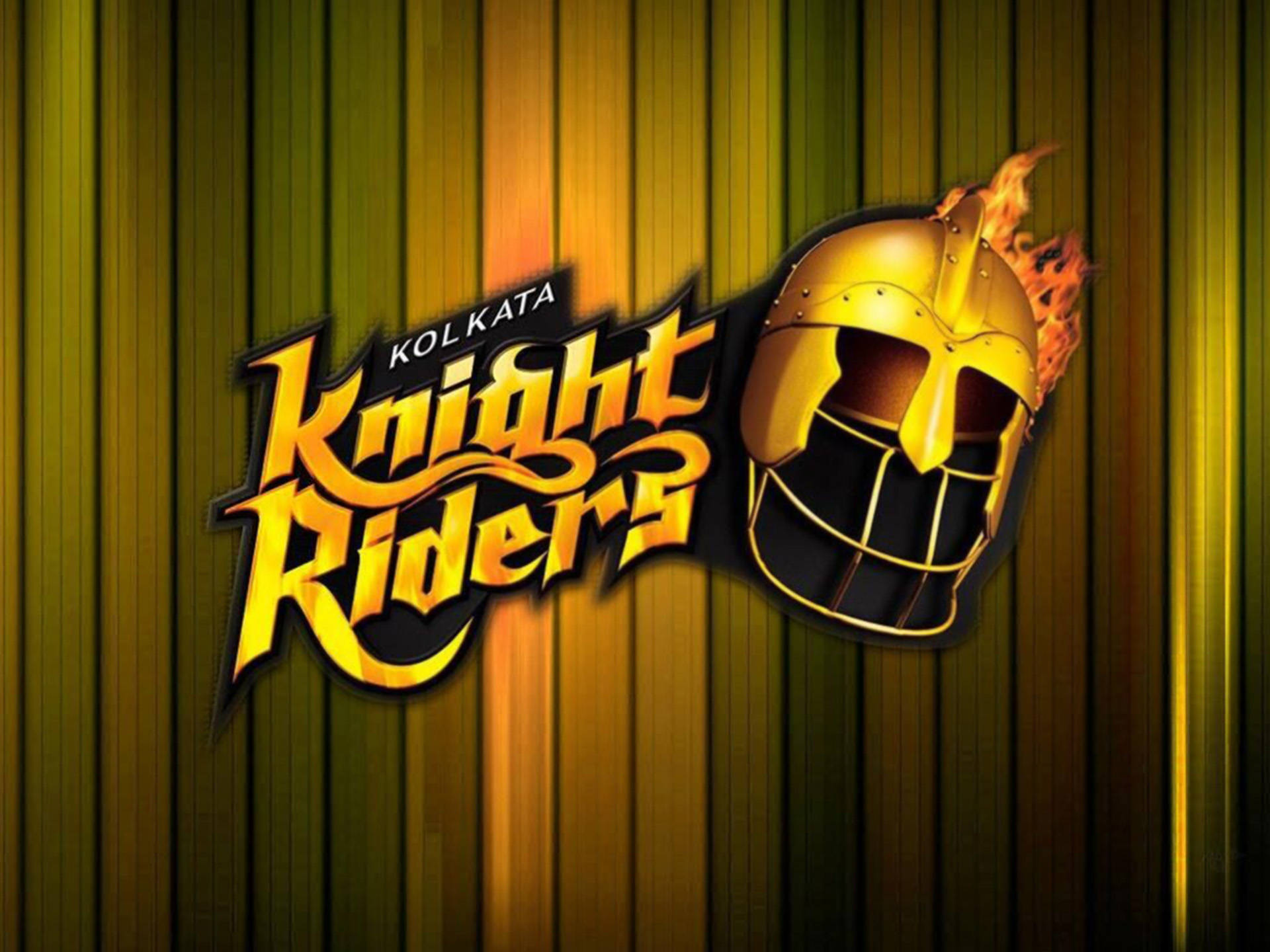Riders 桌布 壁紙 — 金色騎士頭盔搭配火焰和粗體 'Knight Riders Kolkata' 標誌，條紋黃色背景。