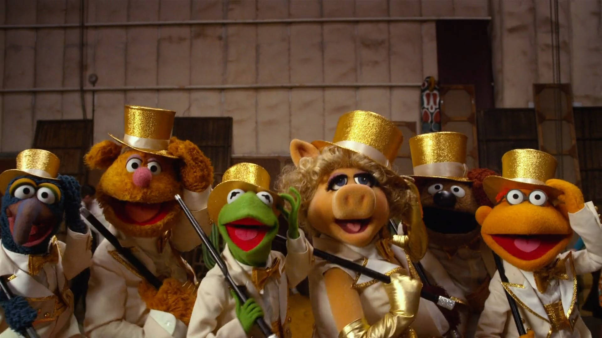 muppets 桌布 壁紙 — 金色高帽白色燕尾服的布偶們在質樸木背景前愉快地拿著樂器擺姿勢。