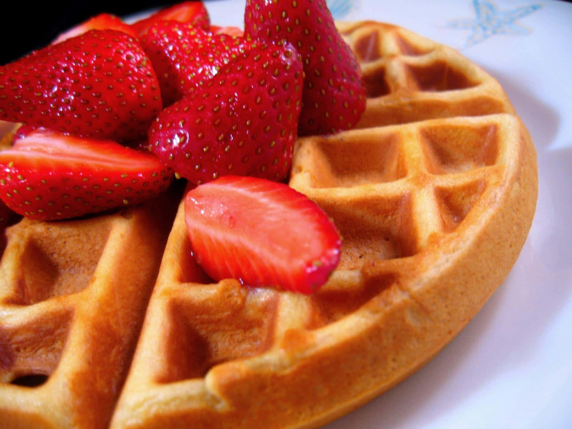 Waffle 桌布 壁紙 — 金色鬆餅配上光澤紅草莓，置於白色盤子上。