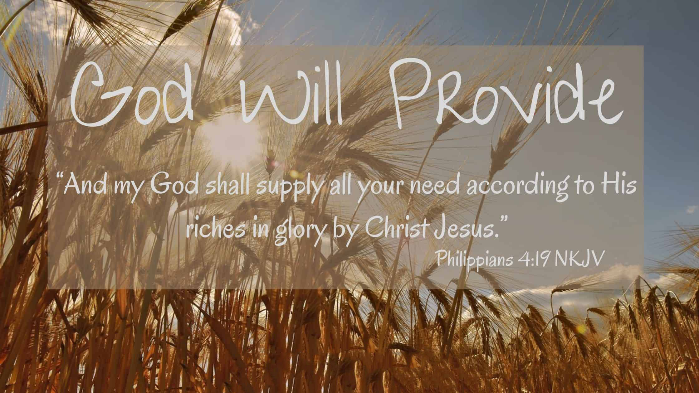 Bible Quotes 桌布 壁紙 — 金色麥穗在溫暖陽光下搖曳，半透明疊加層顯示聖經經文神必供應。
