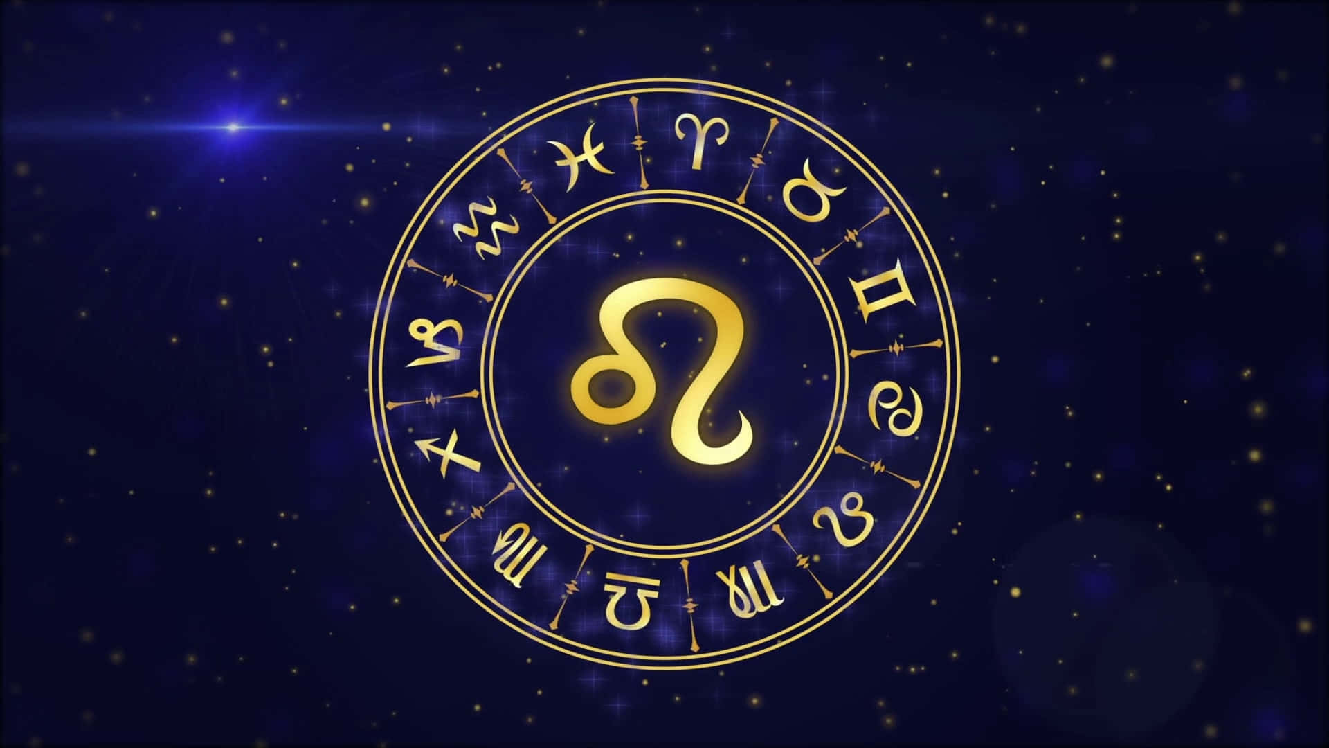 Leo 桌布 壁紙 — 金色黃道輪，中央獅子座符號在繁星點點的深藍色宇宙背景中發光。
