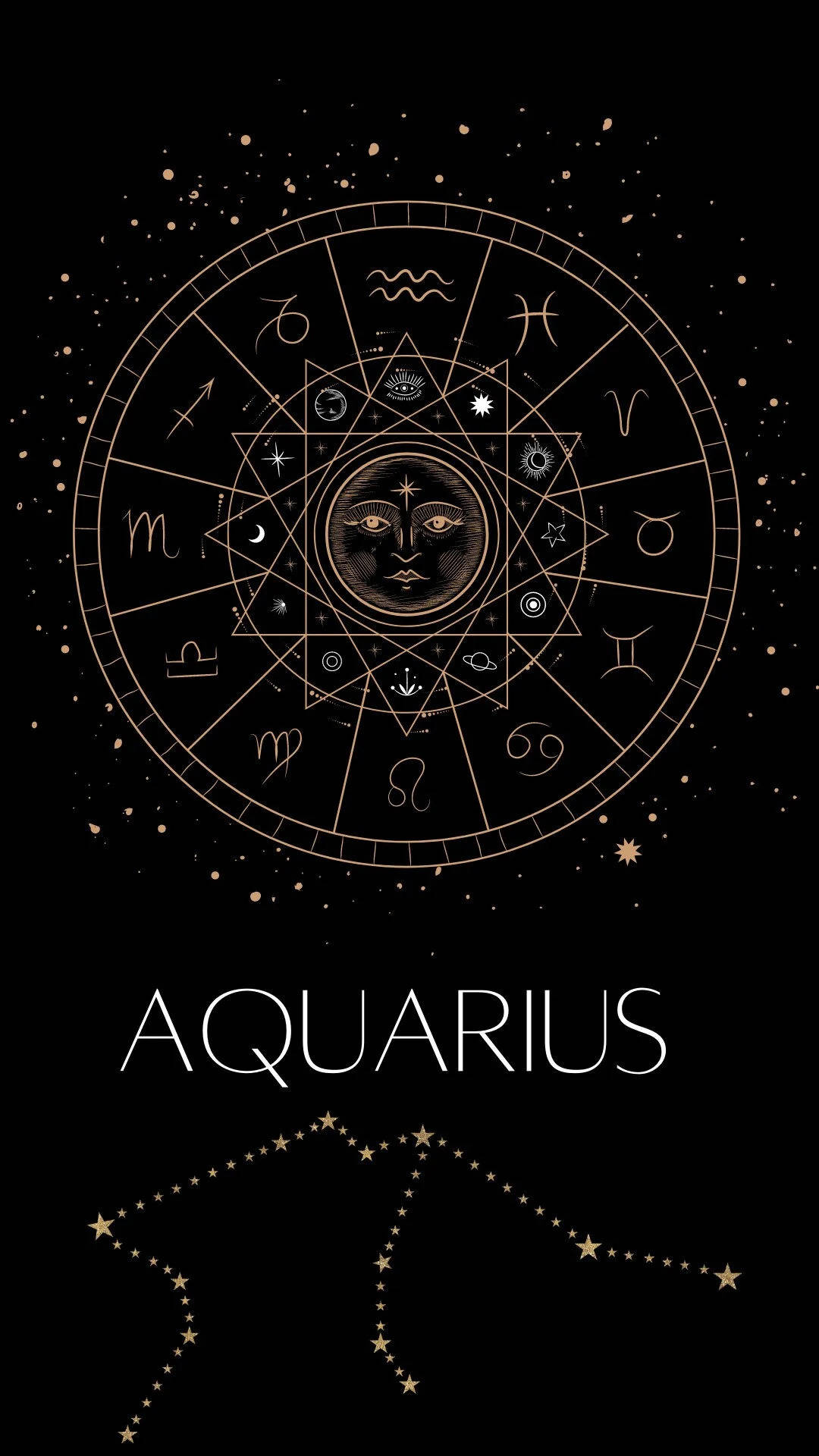 水瓶座黃道輪，帶有星座和星星符號，背景為黑色。 — 黑金動畫 壁紙